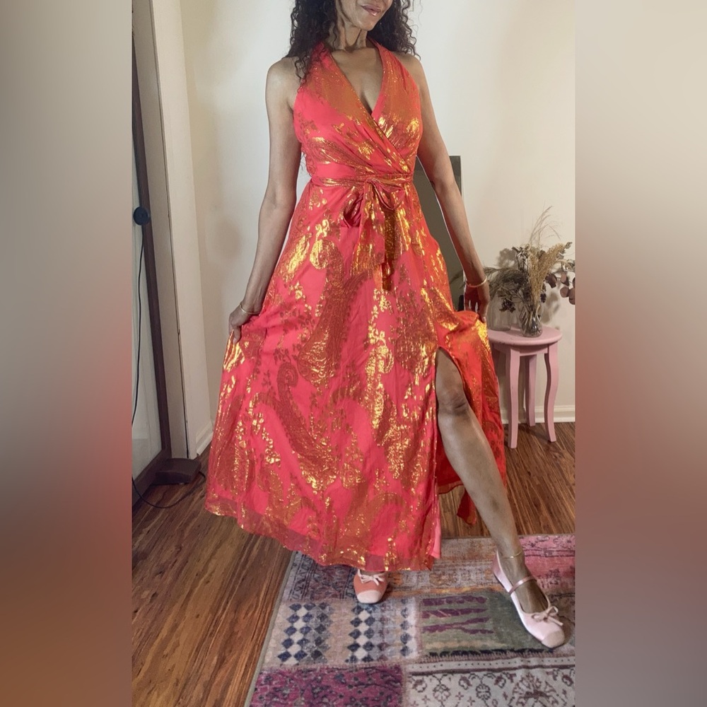 Elegant Bright Orange and Metallic Gold Maxi Dress